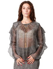 CAMICIA DONNA ELISABETTA FRANCHI NERA STAMPA PITONE IN VISCOSA TRASPARENTE CON VOLANT SULLE MANICHE E COLLANA