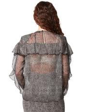 CAMICIA DONNA ELISABETTA FRANCHI NERA STAMPA PITONE IN VISCOSA TRASPARENTE CON VOLANT SULLE MANICHE E COLLANA