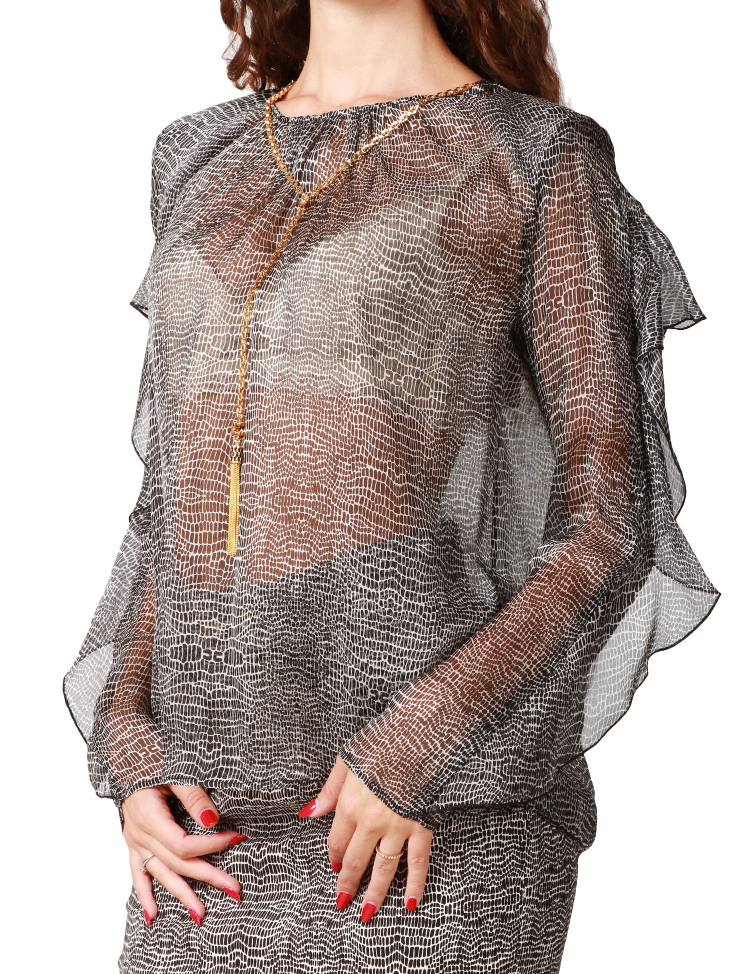 CAMICIA DONNA ELISABETTA FRANCHI NERA STAMPA PITONE IN VISCOSA TRASPARENTE CON VOLANT SULLE MANICHE E COLLANA