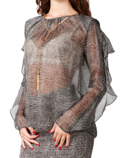 CAMICIA DONNA ELISABETTA FRANCHI NERA STAMPA PITONE IN VISCOSA TRASPARENTE CON VOLANT SULLE MANICHE E COLLANA