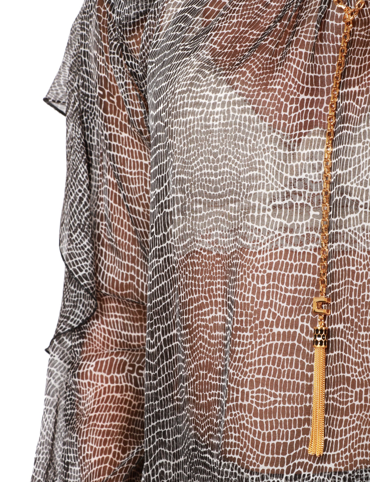 CAMICIA DONNA ELISABETTA FRANCHI NERA STAMPA PITONE IN VISCOSA TRASPARENTE CON VOLANT SULLE MANICHE E COLLANA
