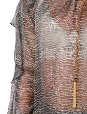 CAMICIA DONNA ELISABETTA FRANCHI NERA STAMPA PITONE IN VISCOSA TRASPARENTE CON VOLANT SULLE MANICHE E COLLANA