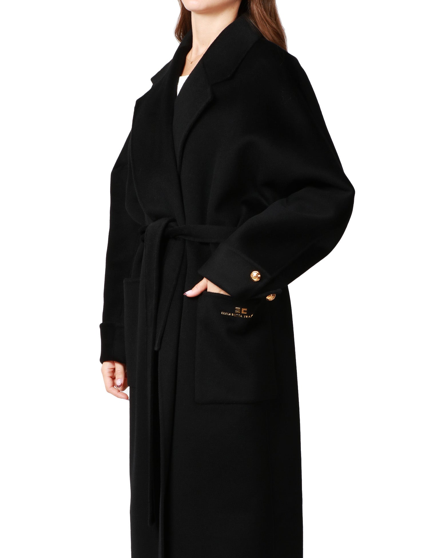 CAPPOTTO DONNA ELISABETTA FRANCHI NERO OVER IN PANNO DI MISTO LANA DOUBLE CON CINTURA ED ETICHETTA LOGO SULLA TASCA