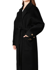 CAPPOTTO DONNA ELISABETTA FRANCHI NERO OVER IN PANNO DI MISTO LANA DOUBLE CON CINTURA ED ETICHETTA LOGO SULLA TASCA