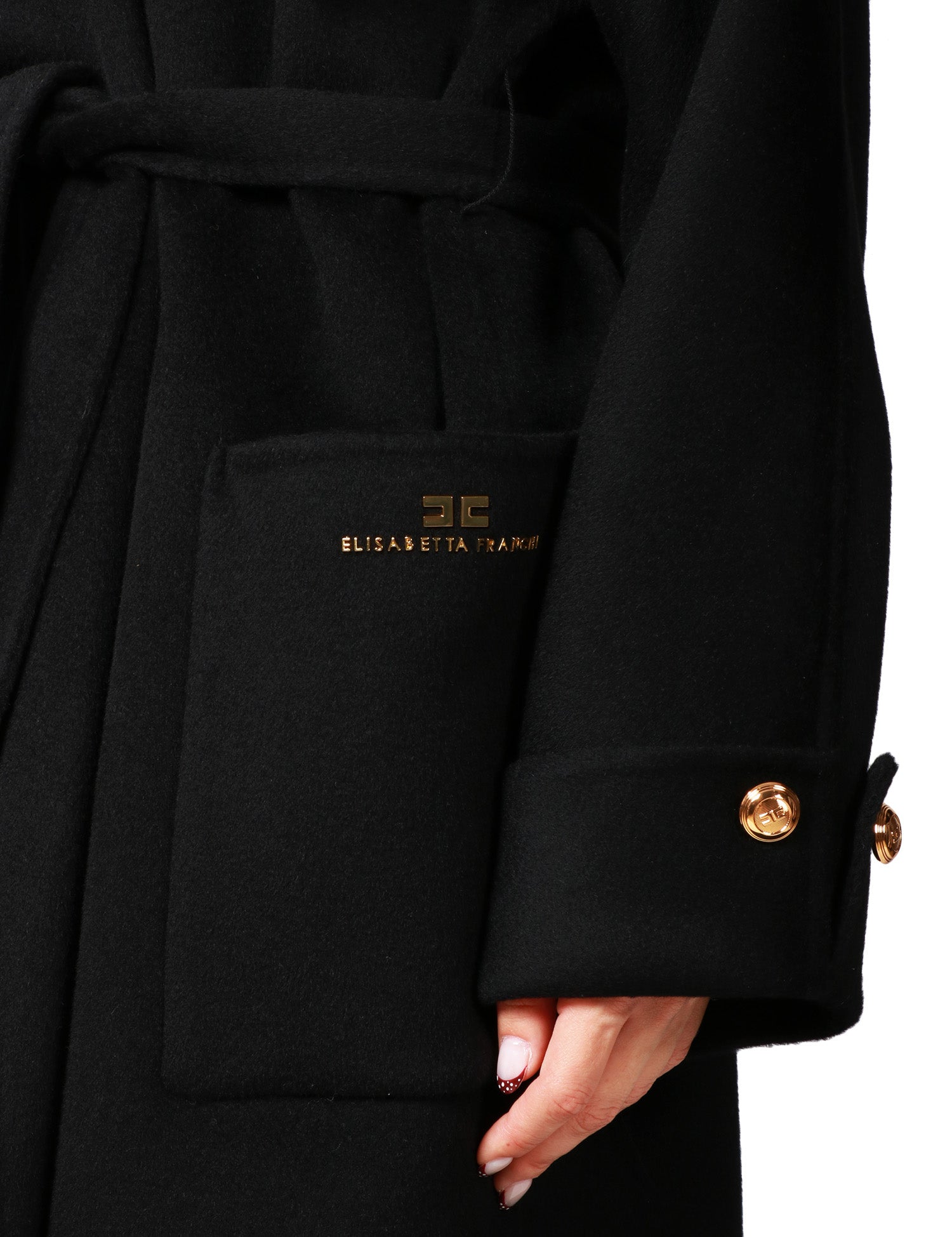 CAPPOTTO DONNA ELISABETTA FRANCHI NERO OVER IN PANNO DI MISTO LANA DOUBLE CON CINTURA ED ETICHETTA LOGO SULLA TASCA