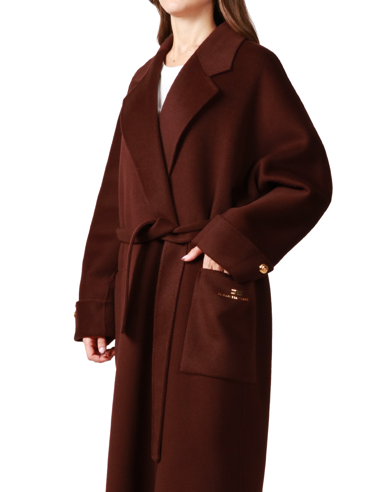 CAPPOTTO DONNA ELISABETTA FRANCHI COFFEE OVER IN PANNO DI MISTO LANA DOUBLE CON CINTURA ED ETICHETTA LOGO SULLA TASCA