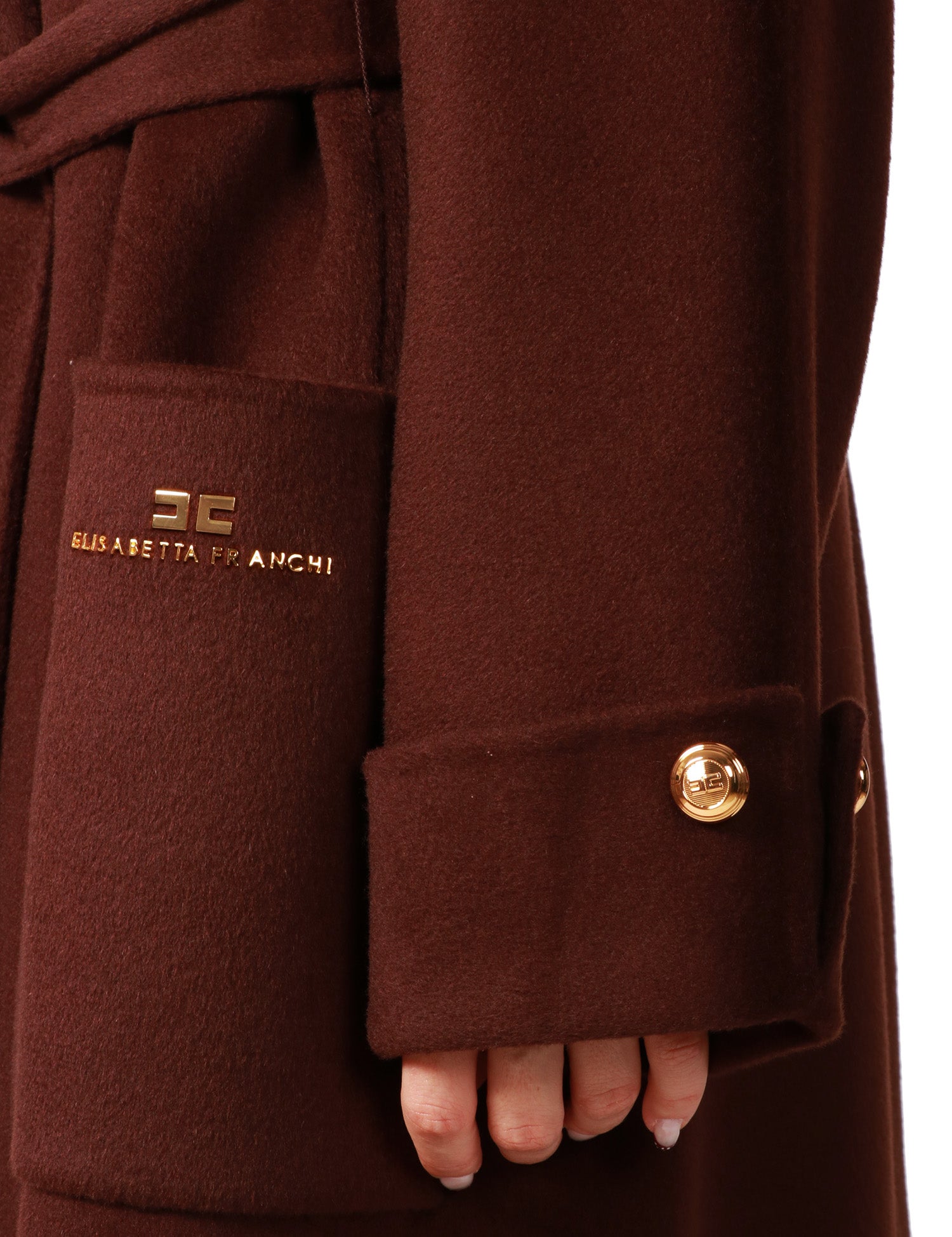 CAPPOTTO DONNA ELISABETTA FRANCHI COFFEE OVER IN PANNO DI MISTO LANA DOUBLE CON CINTURA ED ETICHETTA LOGO SULLA TASCA