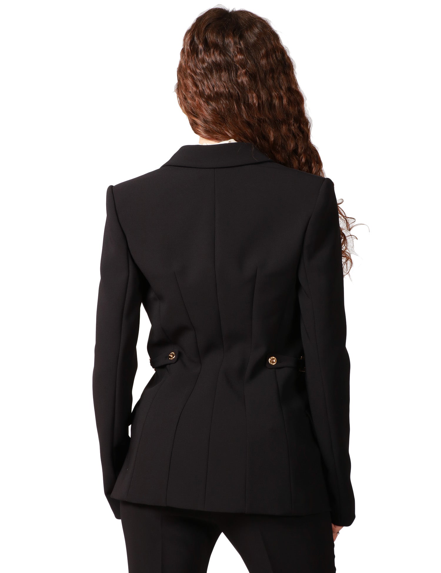 GIACCA DONNA ELISABETTA FRANCHI NERA CON SPALLE STRUTTURATE E ACCESSORI GIOIELLO SUI FIANCHI