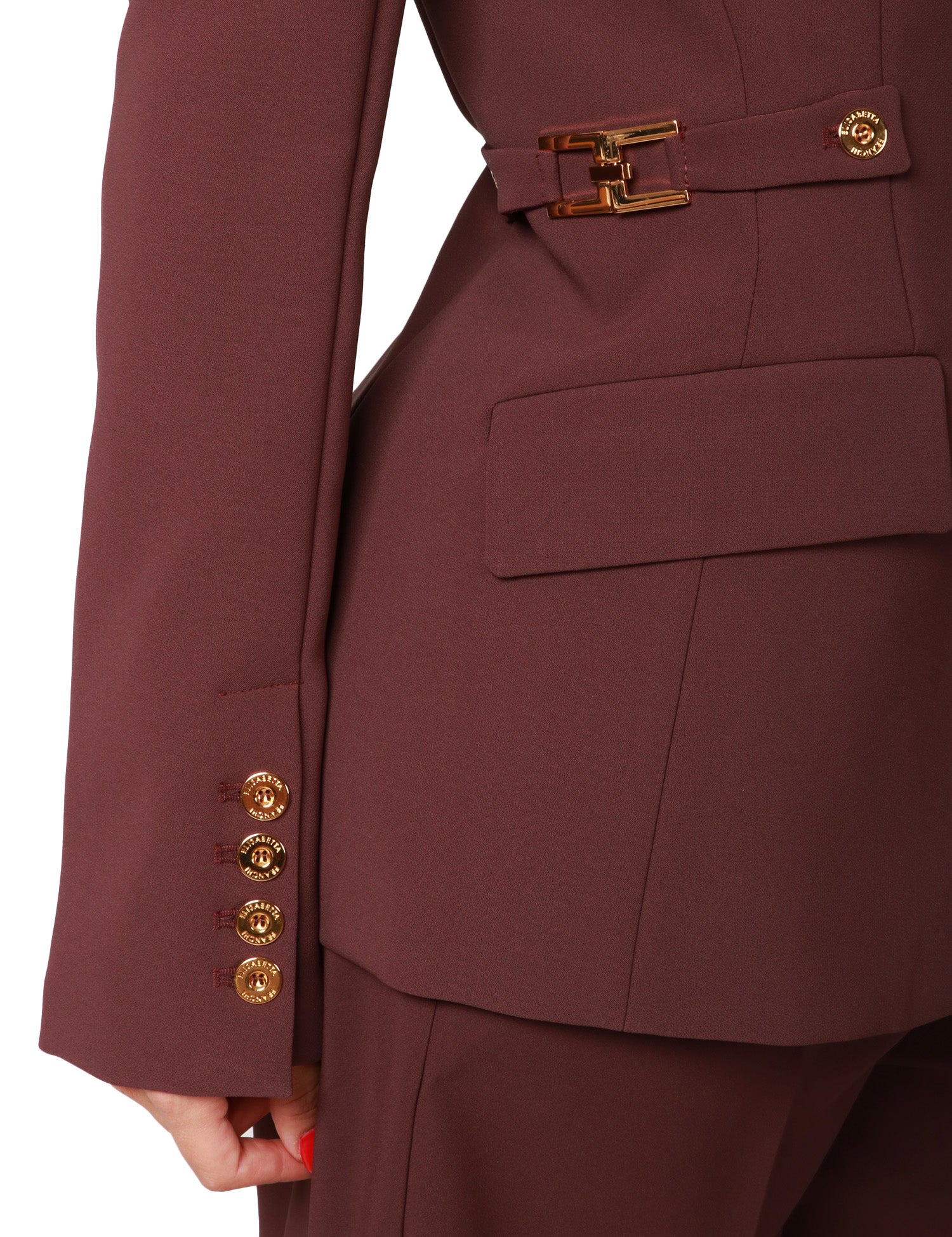 GIACCA DONNA ELISABETTA FRANCHI MERLOT CON SPALLE STRUTTURATE E ACCESSORI GIOIELLO SUI FIANCHI