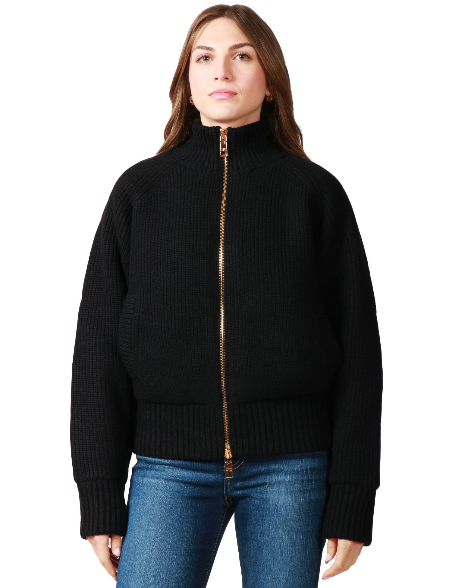 GIUBBINO BOMBER DONNA ELISABETTA FRANCHI NERO IN MAGLIA DI LANA CON COLLO ALTO E ZIP