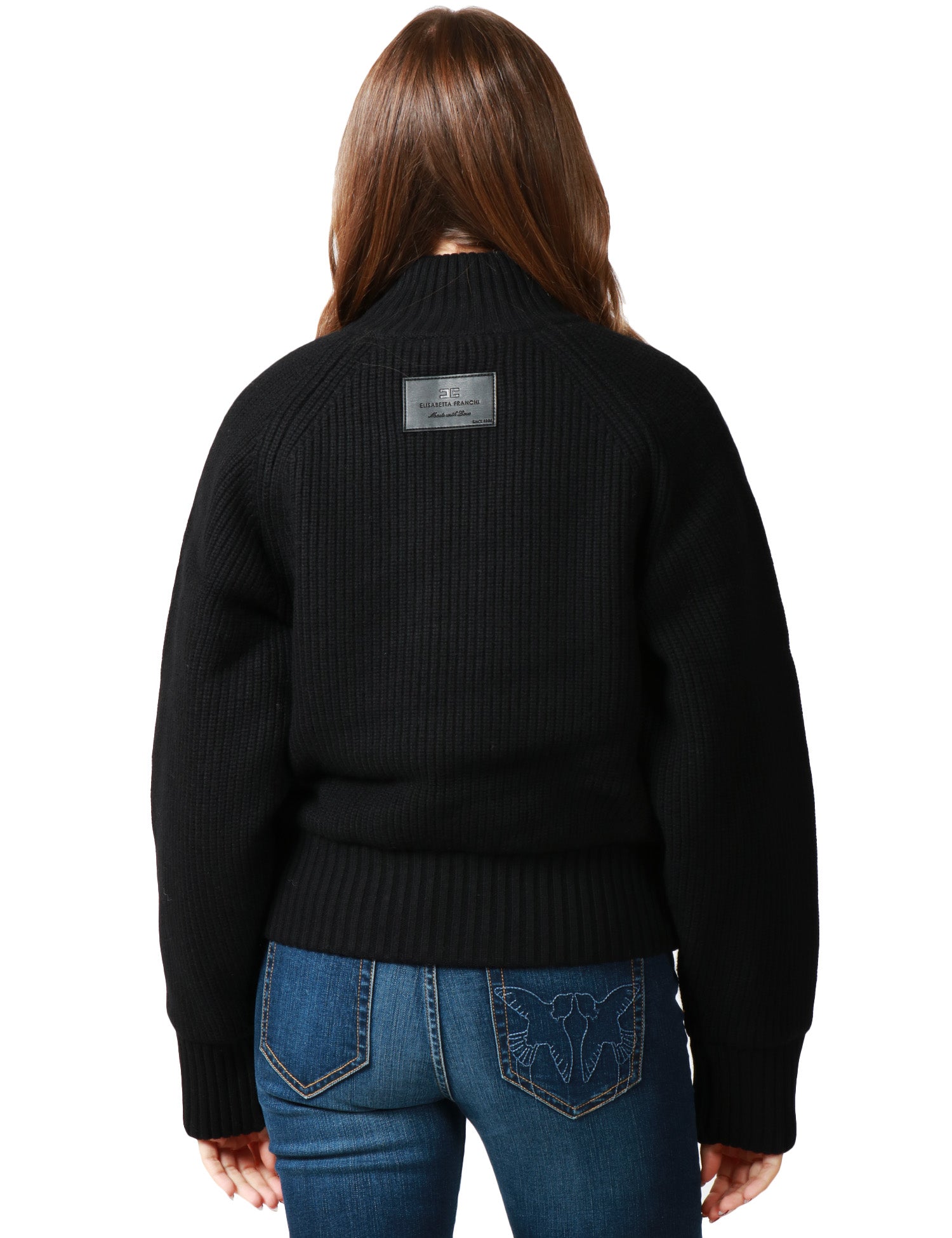 GIUBBINO BOMBER DONNA ELISABETTA FRANCHI NERO IN MAGLIA DI LANA CON COLLO ALTO E ZIP