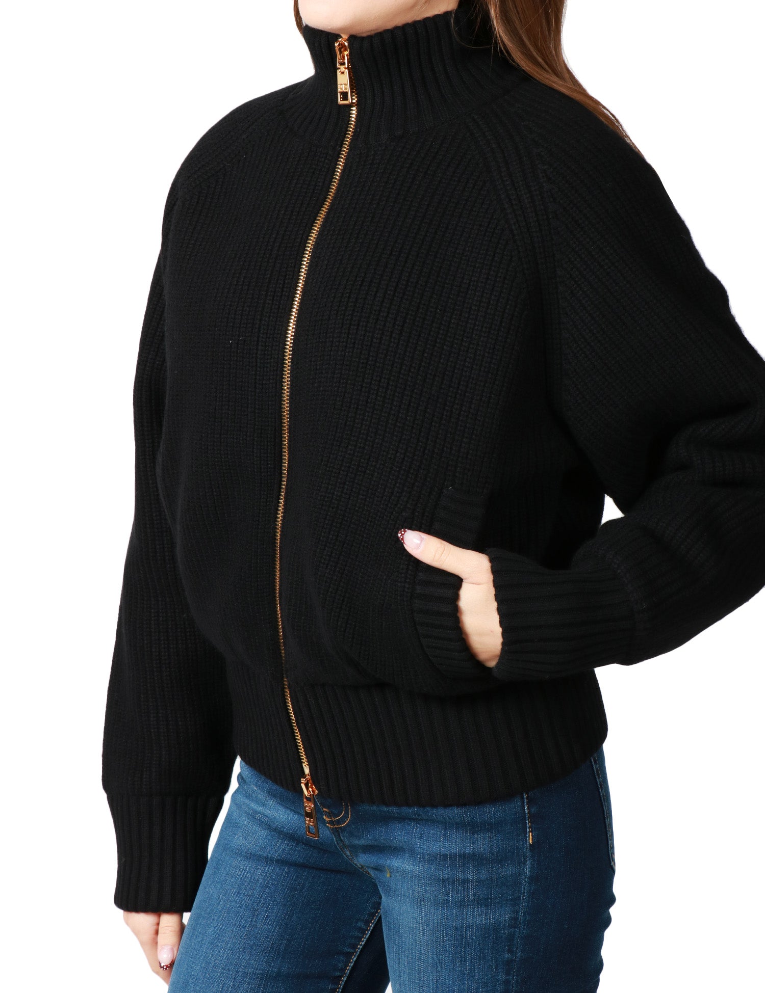 GIUBBINO BOMBER DONNA ELISABETTA FRANCHI NERO IN MAGLIA DI LANA CON COLLO ALTO E ZIP