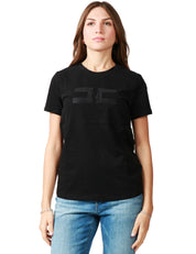 T-SHIRT DONNA ELISABETTA FRANCHI NERA IN JERSEY DI COTONE CON DOPPIO LOGO RICAMATO A RILIEVO DAVANTI