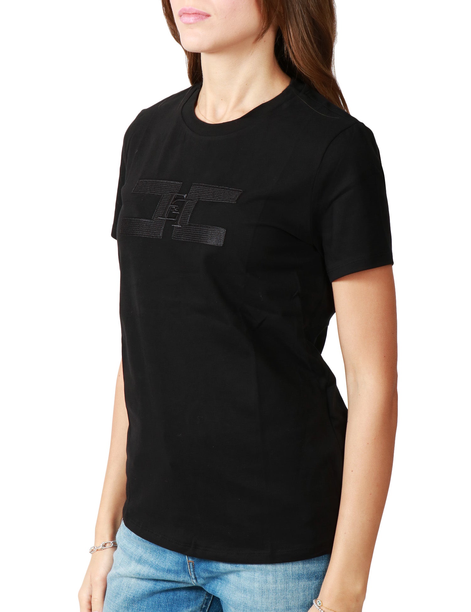 T-SHIRT DONNA ELISABETTA FRANCHI NERA IN JERSEY DI COTONE CON DOPPIO LOGO RICAMATO A RILIEVO DAVANTI