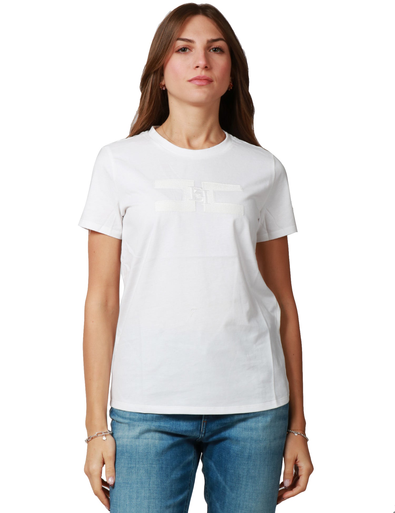 T-SHIRT DONNA ELISABETTA FRANCHI GESSO IN JERSEY DI COTONE CON DOPPIO LOGO RICAMATO IN RILIEVO DAVANTI