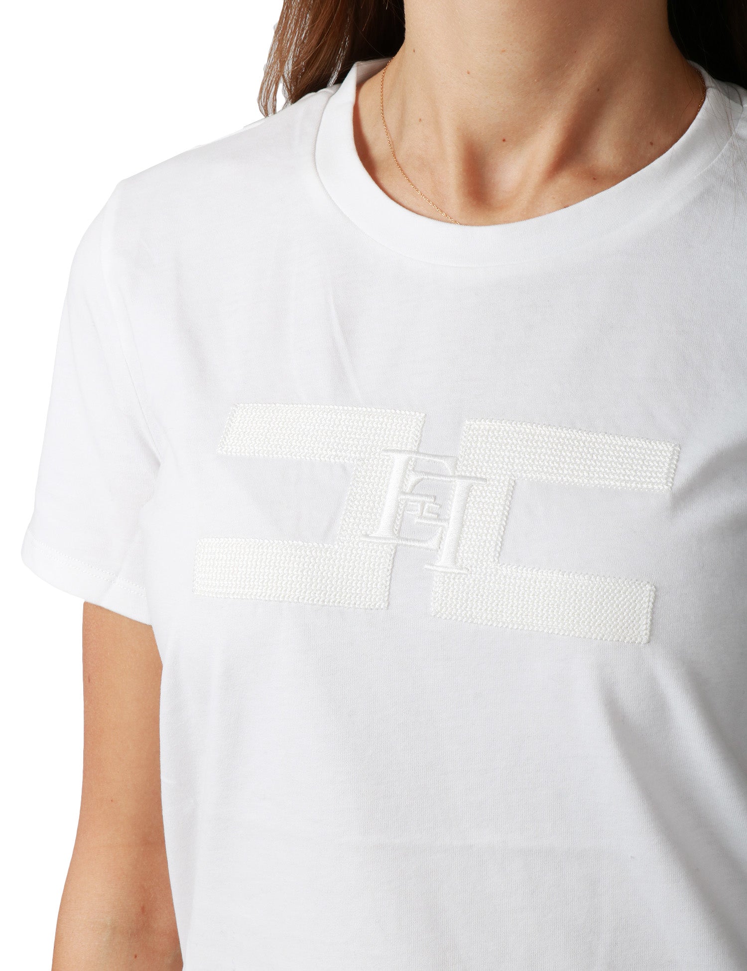 T-SHIRT DONNA ELISABETTA FRANCHI GESSO IN JERSEY DI COTONE CON DOPPIO LOGO RICAMATO IN RILIEVO DAVANTI