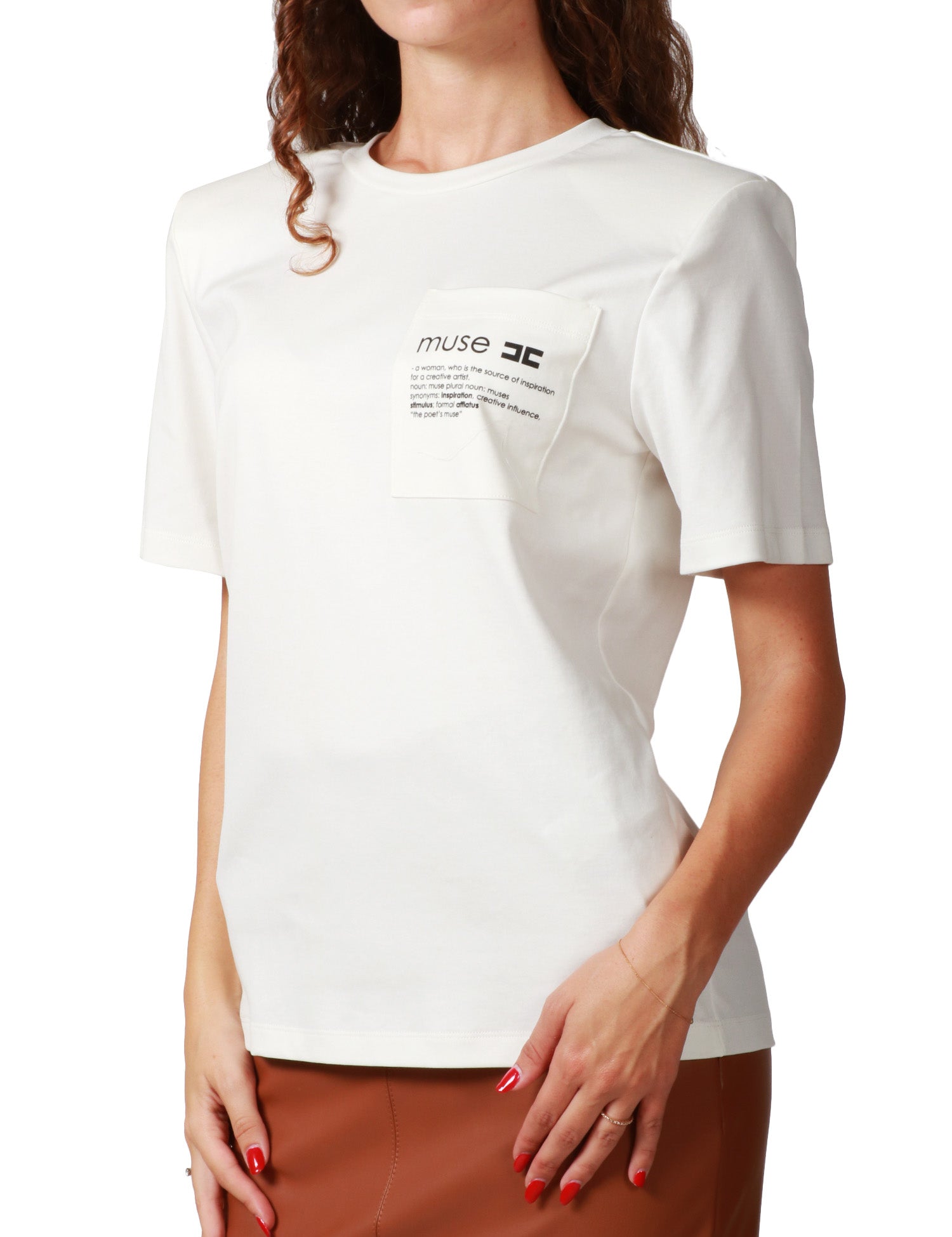 T-SHIRT DONNA ELISABETTA FRANCHI GESSO IN JERSEY DI COTONE PESANTE CON DETTAGLIO LETTERING SUL TASCHINO E DIETRO