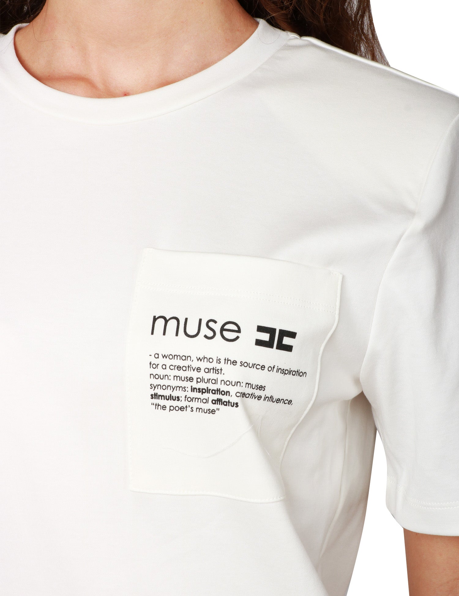 T-SHIRT DONNA ELISABETTA FRANCHI GESSO IN JERSEY DI COTONE PESANTE CON DETTAGLIO LETTERING SUL TASCHINO E DIETRO