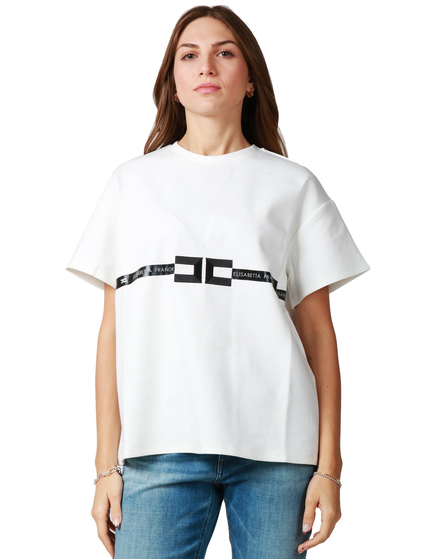 T-SHIRT DONNA ELISABETTA FRANCHI GESSO OVER IN JERSEY DI COTONE PESANTE CON LOGO CENTRALE