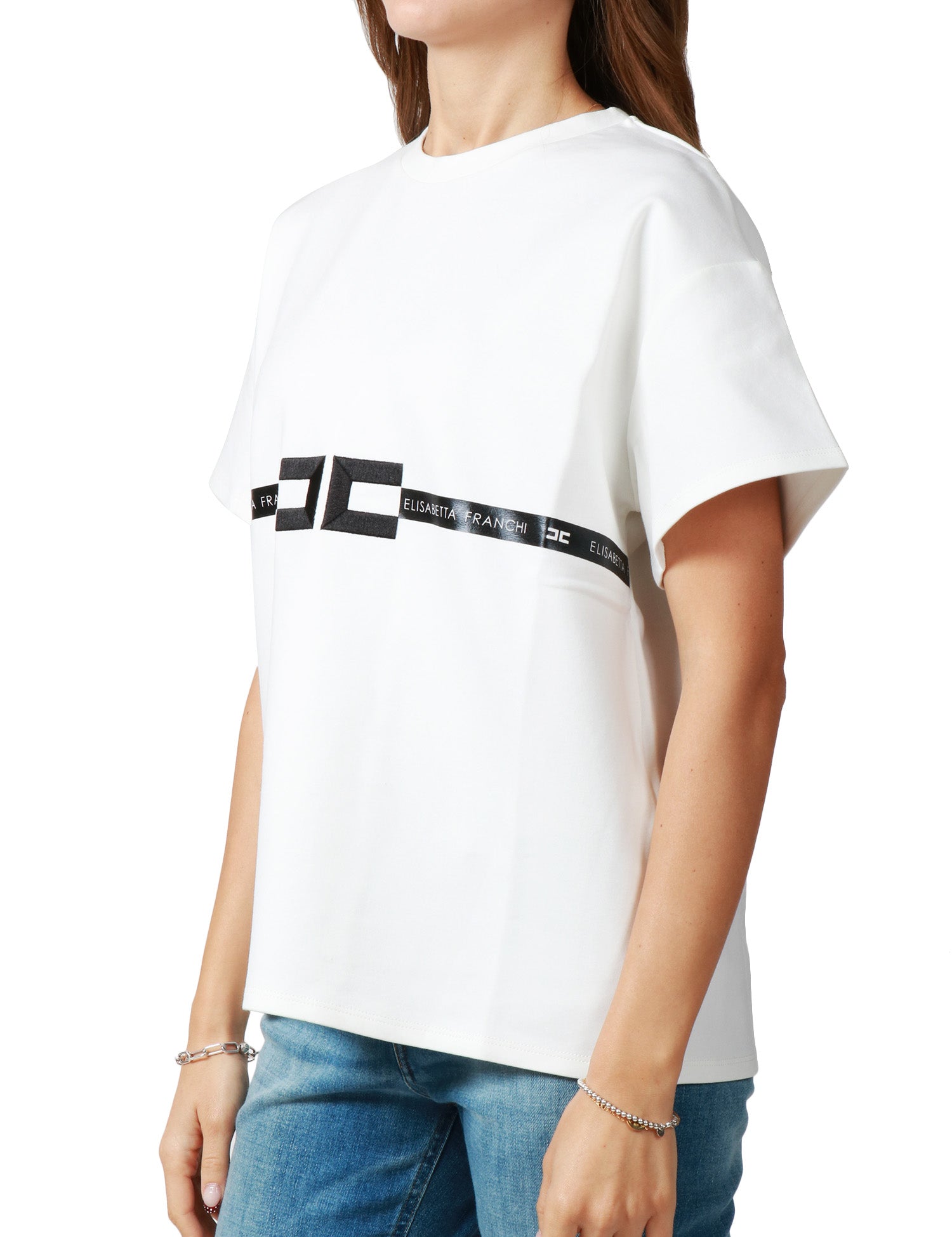 T-SHIRT DONNA ELISABETTA FRANCHI GESSO OVER IN JERSEY DI COTONE PESANTE CON LOGO CENTRALE