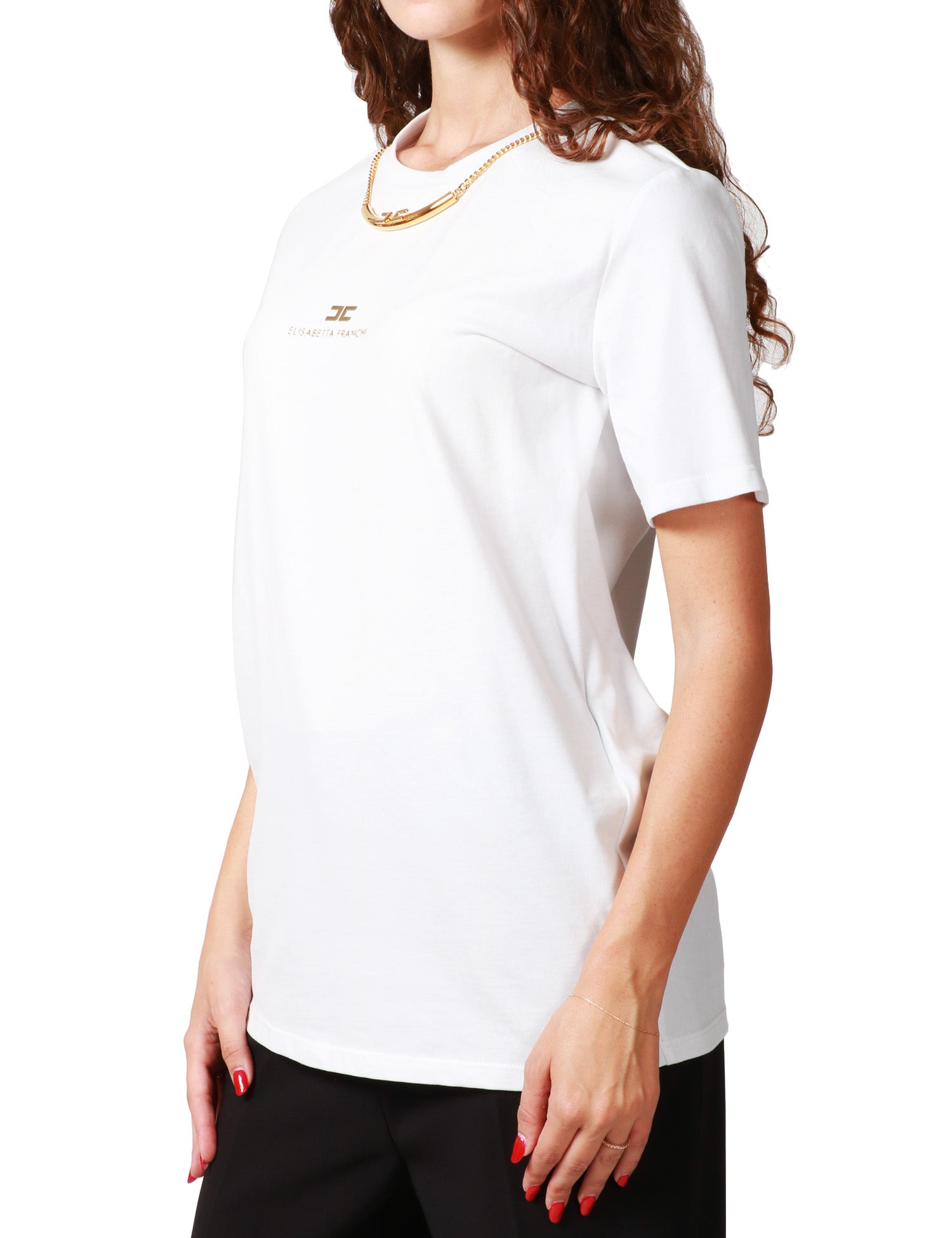 T-SHIRT DONNA ELISABETTA FRANCHI BIANCA IN JERSEY CON COLLANA E LOGO IN METALLO DORATO