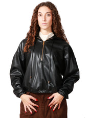 FELPA DONNA ELISABETTA FRANCHI NERA OVER IN PELLE SINTETICA CON CAPPUCCIO E TASCHE SUI FIANCHI