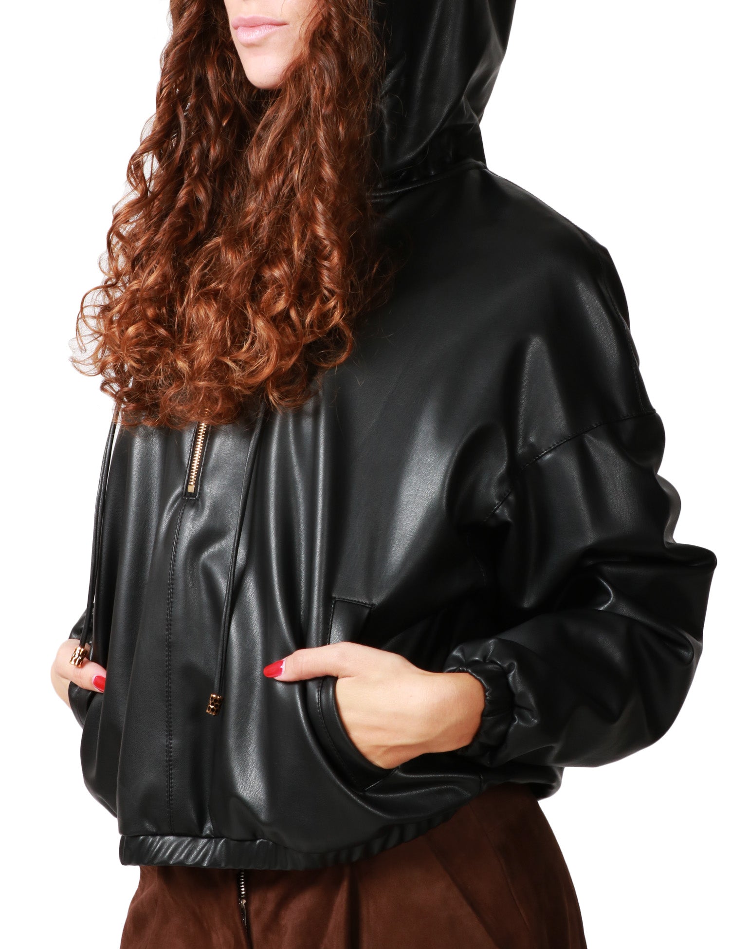 FELPA DONNA ELISABETTA FRANCHI NERA OVER IN PELLE SINTETICA CON CAPPUCCIO E TASCHE SUI FIANCHI