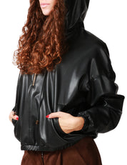FELPA DONNA ELISABETTA FRANCHI NERA OVER IN PELLE SINTETICA CON CAPPUCCIO E TASCHE SUI FIANCHI