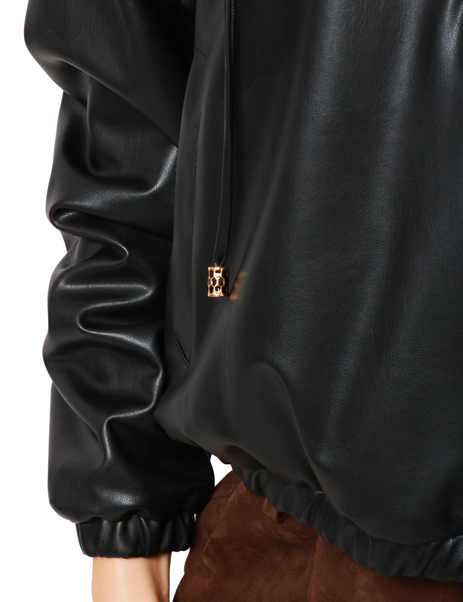 FELPA DONNA ELISABETTA FRANCHI NERA OVER IN PELLE SINTETICA CON CAPPUCCIO E TASCHE SUI FIANCHI