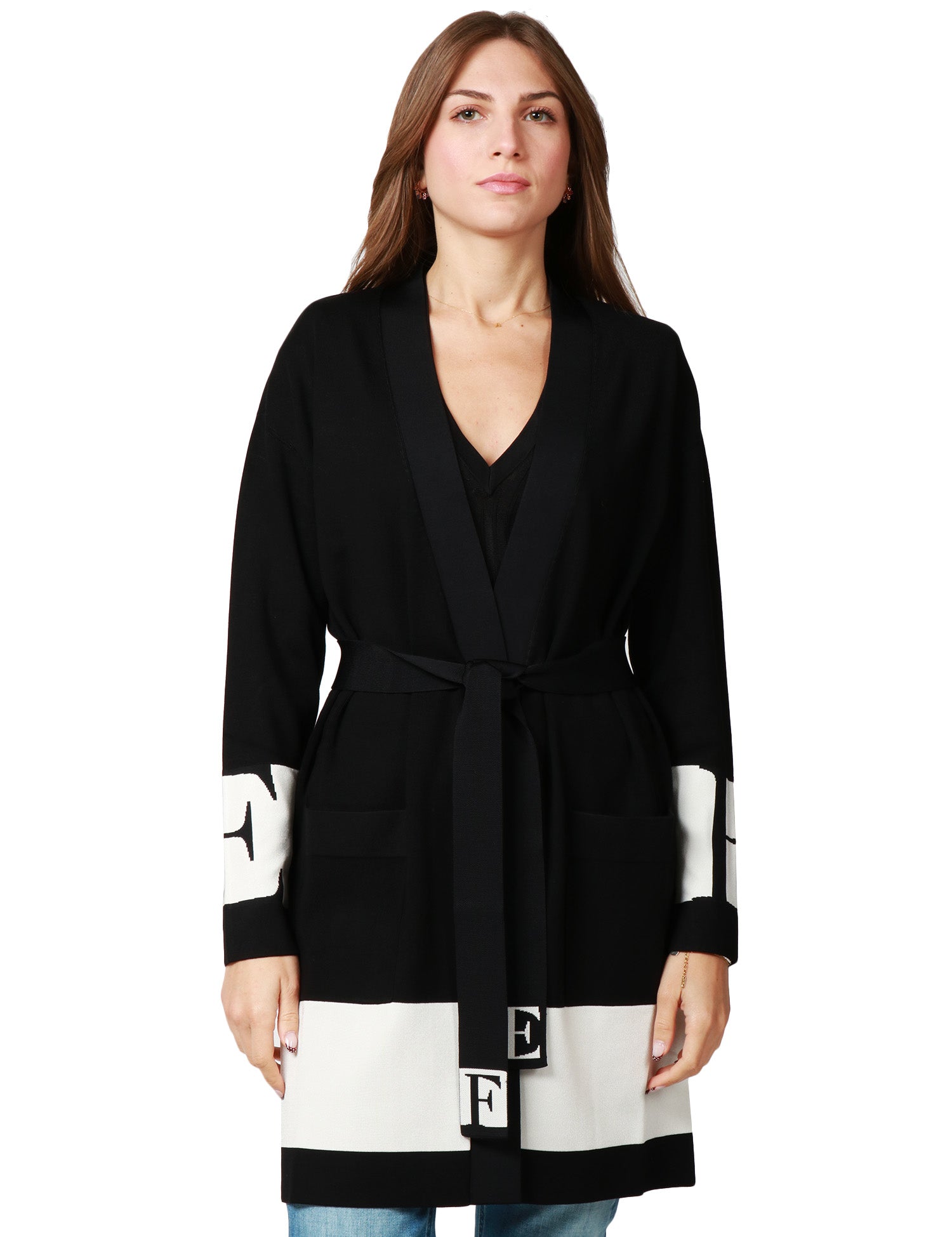 CARDIGAN DONNA ELISABETTA FRANCHI NERO/LATTE IN VISCOSA CON LOGHI INTARSIATI E CINTURA
