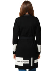 CARDIGAN DONNA ELISABETTA FRANCHI NERO/LATTE IN VISCOSA CON LOGHI INTARSIATI E CINTURA