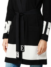 CARDIGAN DONNA ELISABETTA FRANCHI NERO/LATTE IN VISCOSA CON LOGHI INTARSIATI E CINTURA