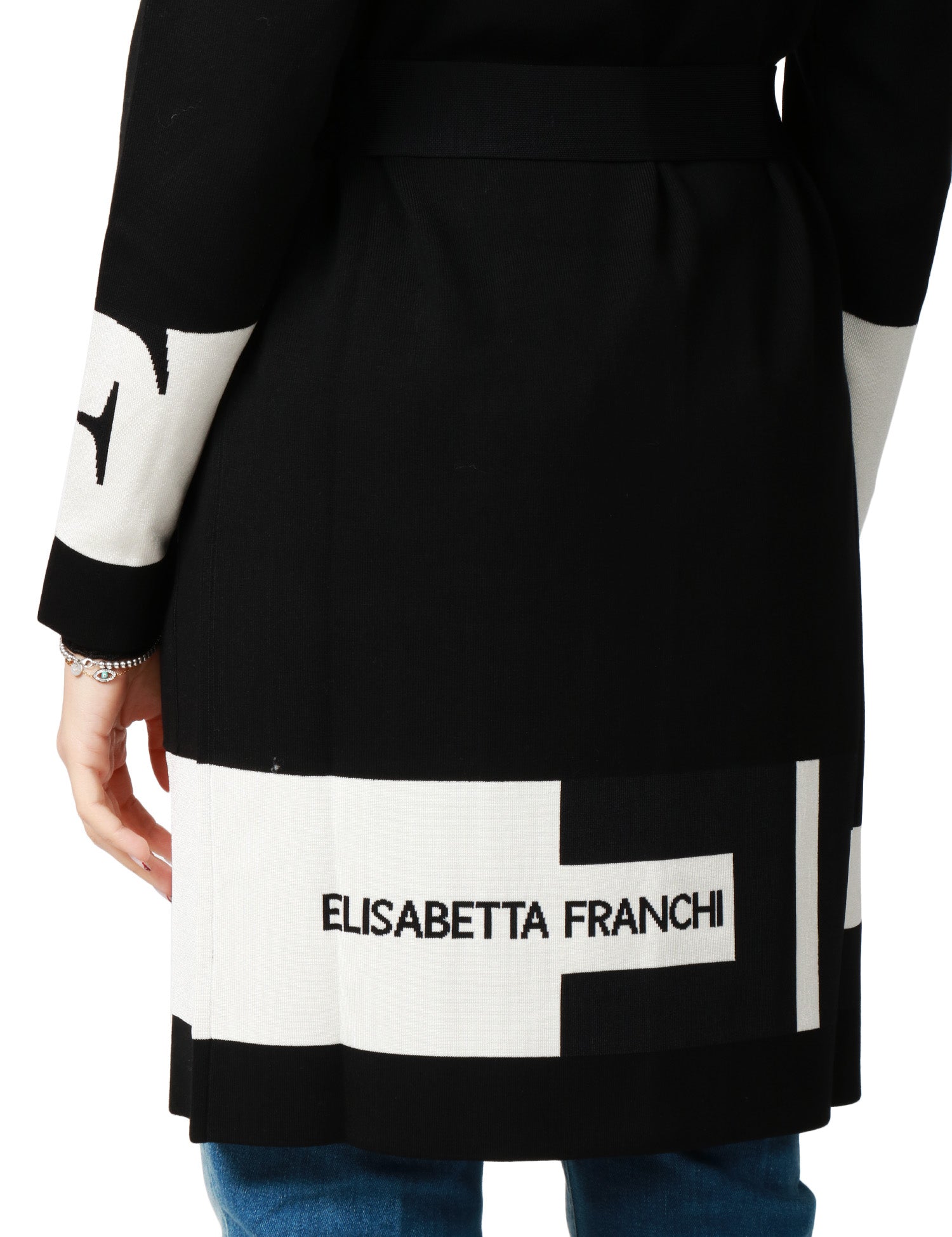 CARDIGAN DONNA ELISABETTA FRANCHI NERO/LATTE IN VISCOSA CON LOGHI INTARSIATI E CINTURA
