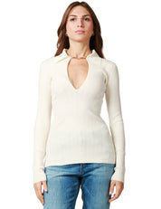 MAGLIA DONNA ELISABETTA FRANCHI LATTE A COSTINE CON COLLETTO E ACCESSORIO GIOIELLO