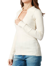 MAGLIA DONNA ELISABETTA FRANCHI LATTE A COSTINE CON COLLETTO E ACCESSORIO GIOIELLO