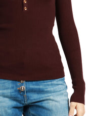 MAGLIA DONNA ELISABETTA FRANCHI MERLOT A COSTINE CON SCOLLO A V E BOTTONCINI IN METALLO DORATO