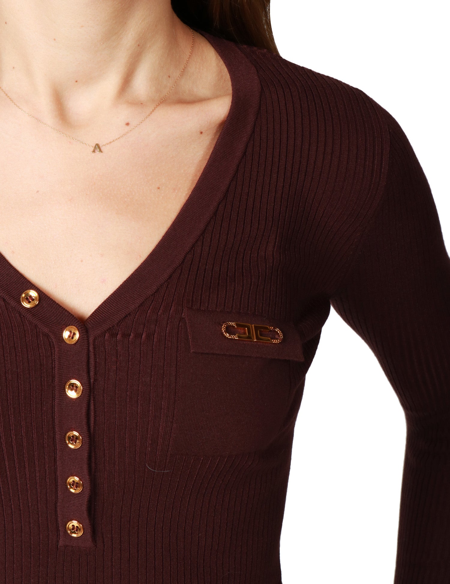 MAGLIA DONNA ELISABETTA FRANCHI MERLOT A COSTINE CON SCOLLO A V E BOTTONCINI IN METALLO DORATO