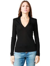 MAGLIA DONNA ELISABETTA FRANCHI NERA IN FILATO DI VISCOSA A COSTECON SCOLLO A V E DETTAGLI LOGO