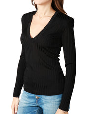 MAGLIA DONNA ELISABETTA FRANCHI NERA IN FILATO DI VISCOSA A COSTECON SCOLLO A V E DETTAGLI LOGO
