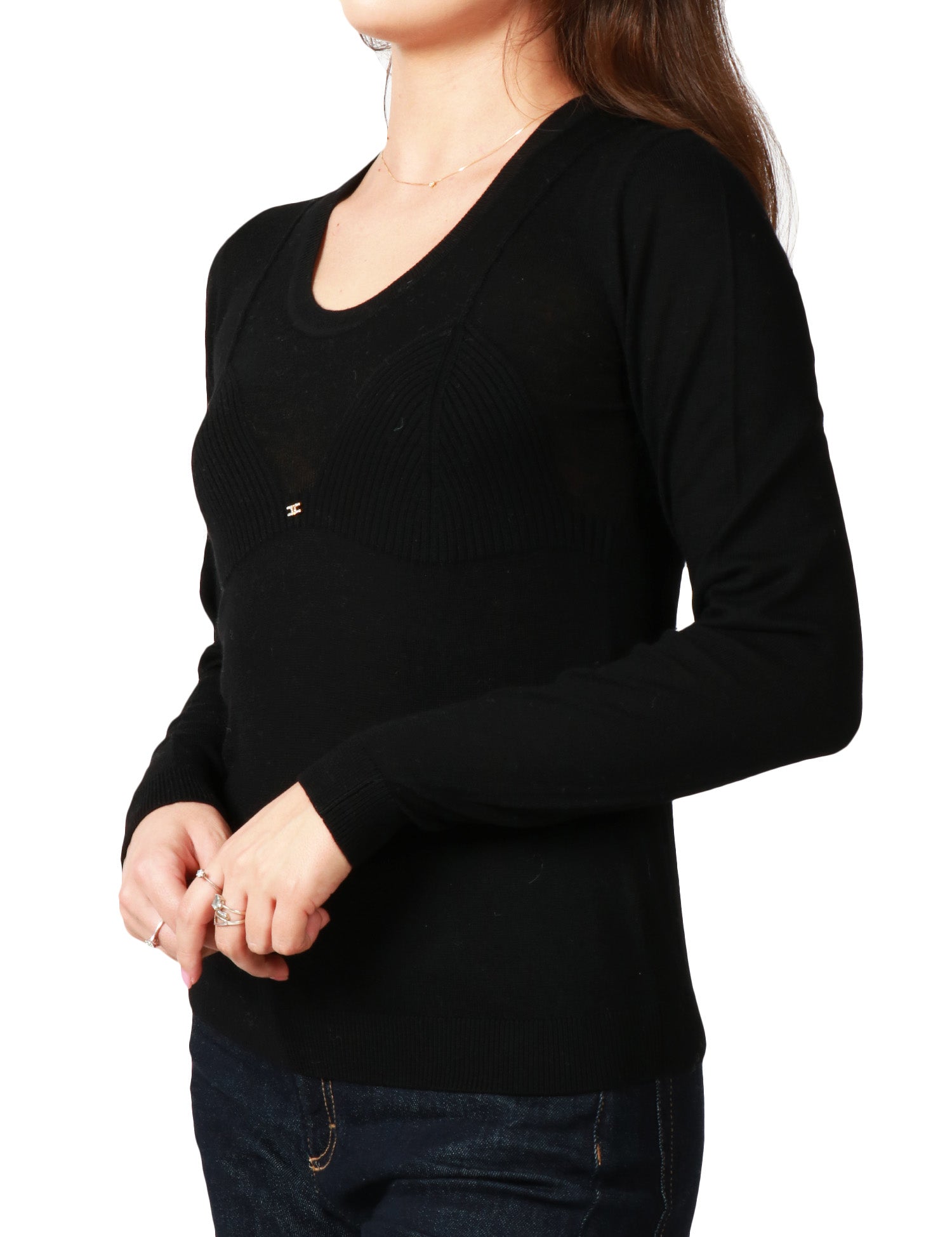 MAGLIA DONNA ELISABETTA FRANCHI NERA IN MISTO LANA A COSTINE CON TRASPARENZE E DETTAGLIO GIOIELLO