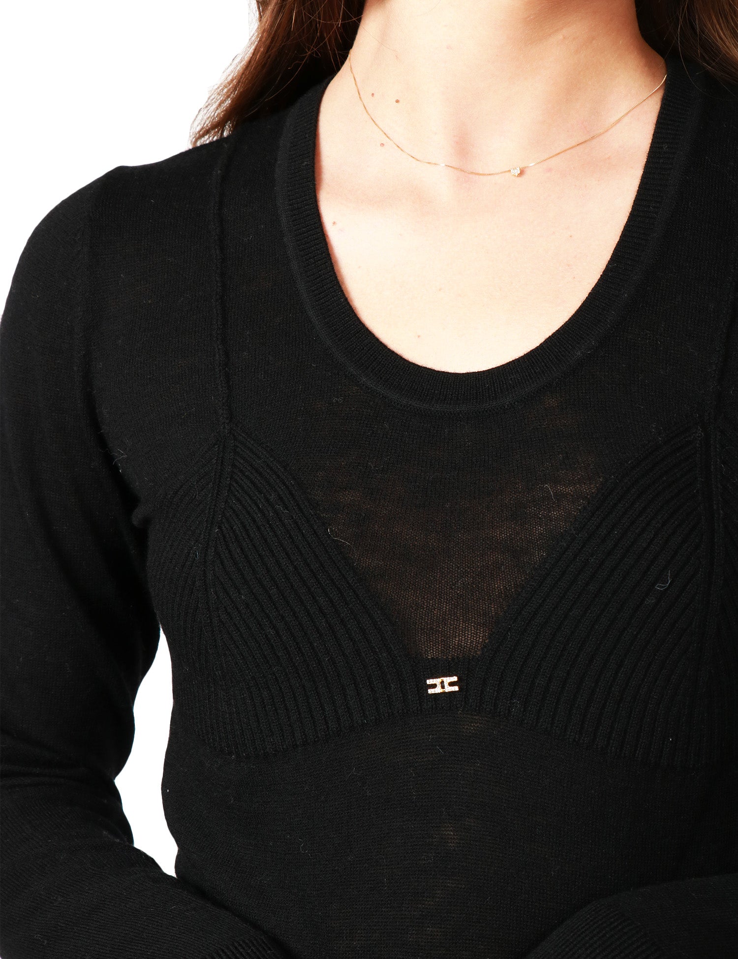 MAGLIA DONNA ELISABETTA FRANCHI NERA IN MISTO LANA A COSTINE CON TRASPARENZE E DETTAGLIO GIOIELLO