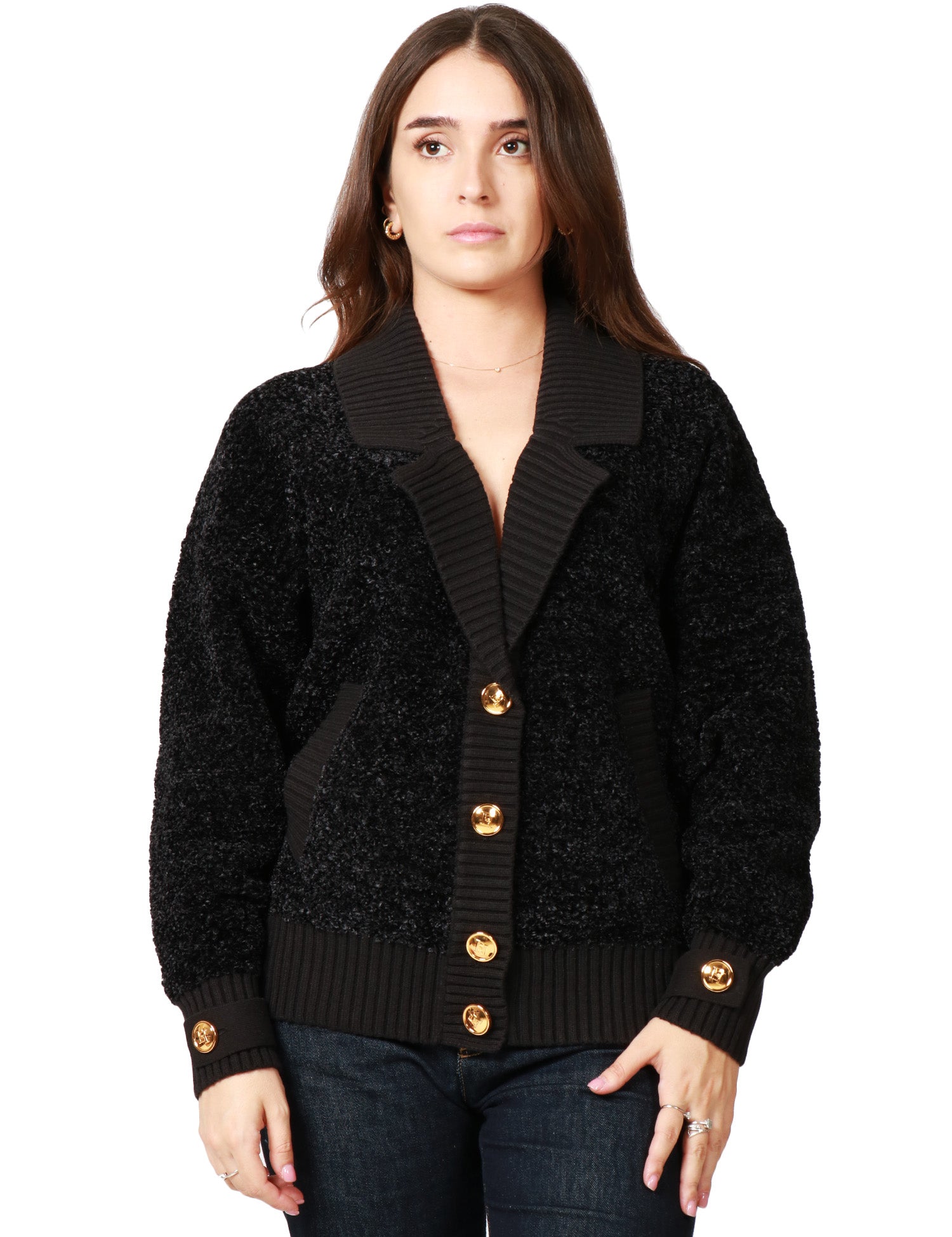 CARDIGAN DONNA ELISABETTA FRANCHI NERO IN CINIGLIA BOUCLè CON BOTTONI LOGATI IN METALLO DORATO