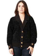 CARDIGAN DONNA ELISABETTA FRANCHI NERO IN CINIGLIA BOUCLè CON BOTTONI LOGATI IN METALLO DORATO