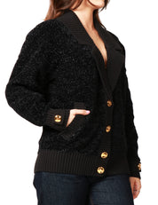CARDIGAN DONNA ELISABETTA FRANCHI NERO IN CINIGLIA BOUCLè CON BOTTONI LOGATI IN METALLO DORATO