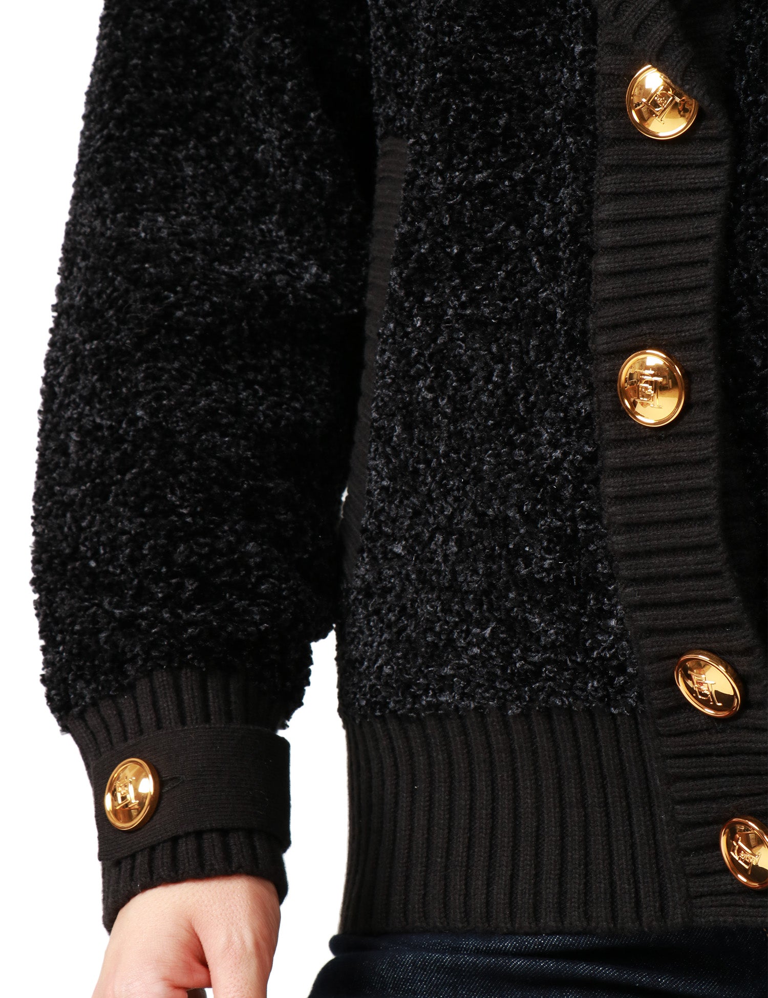 CARDIGAN DONNA ELISABETTA FRANCHI NERO IN CINIGLIA BOUCLè CON BOTTONI LOGATI IN METALLO DORATO