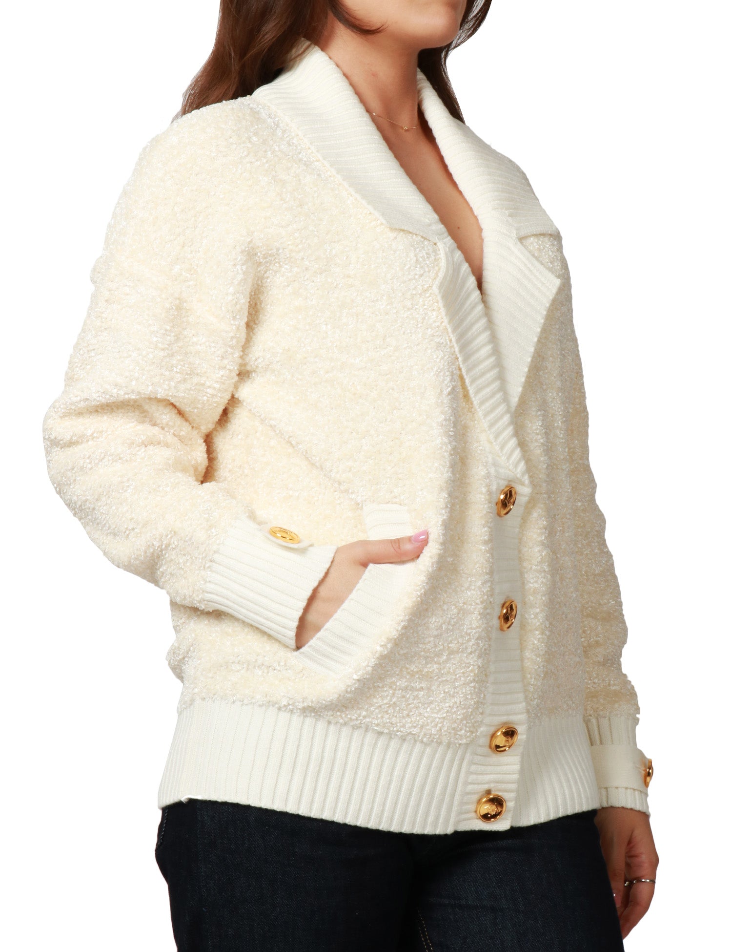 CARDIGAN DONNA ELISABETTA FRANCHI LATTE IN CINIGLIA BOUCLè CON BOTTONI LOGATI IN METALLO DORATO