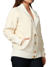 CARDIGAN DONNA ELISABETTA FRANCHI LATTE IN CINIGLIA BOUCLè CON BOTTONI LOGATI IN METALLO DORATO