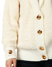 CARDIGAN DONNA ELISABETTA FRANCHI LATTE IN CINIGLIA BOUCLè CON BOTTONI LOGATI IN METALLO DORATO