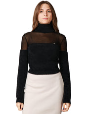 MAGLIA DOLCEVITA DONNA ELISABETTA FRANCHI NERA CROPPED CON TRAMA GARZATA SULLE SPALLE E DETTAGLIO LOGO