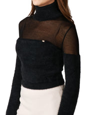 MAGLIA DOLCEVITA DONNA ELISABETTA FRANCHI NERA CROPPED CON TRAMA GARZATA SULLE SPALLE E DETTAGLIO LOGO